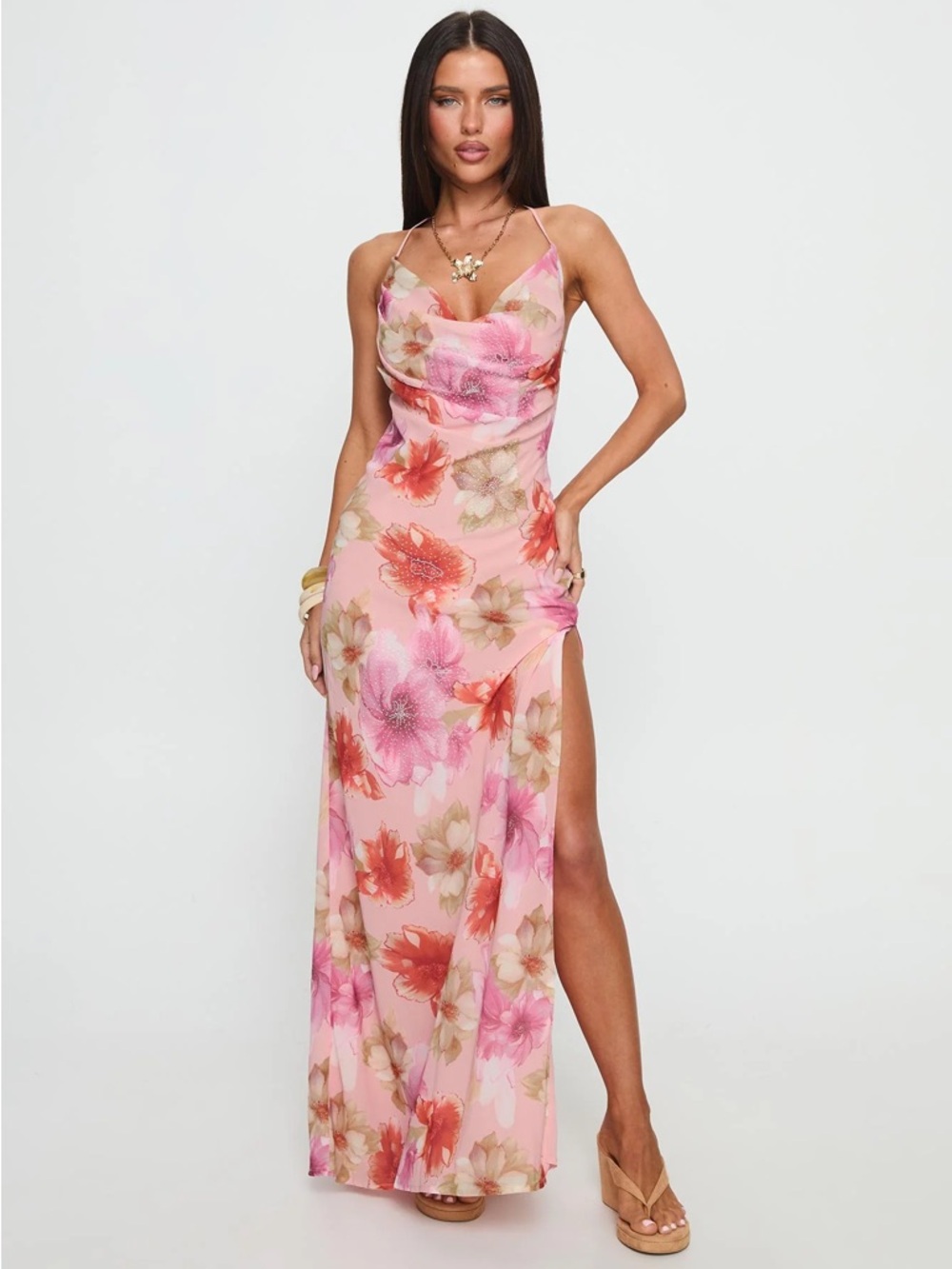 Princess Polly Pink Floral Cowl Neck Maxi Dress with Side Slit